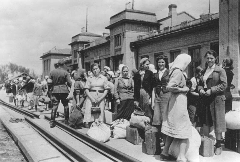 Young people from Eastern Europe being transported for forced labor in Germany, 1942.